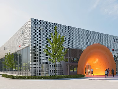 Orange Arched Entrance Gate Of Modern Audi Building With Metallic Grid Green Trees And People 3d model