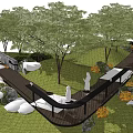 Serene Garden Landscape With Wooden Walkway Green Lawn Trees And Stones