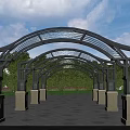 Modern Arched Pergola With Supporting Columns Green Trees And Blue Sky