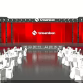 Event Venue Layout With Red Backdrop And Arranged White Seating Areas 3d model