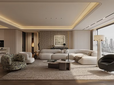 Modern Living and Dining Room Interior With White Sofa Round Coffee Table And Large Windows 3d model