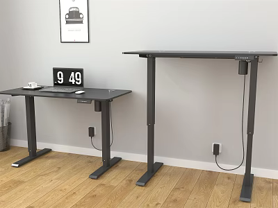 Black Adjustable Height Desk With Electronic Clock Cup And Mouse Pad 3d model