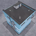 Blue And White Striped Two Story Office Building With Windows Balcony And Roof Structure