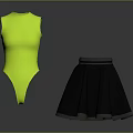 Stylish Neon Yellow Sleeveless Bodysuit and Black Skirt with Gray Trim