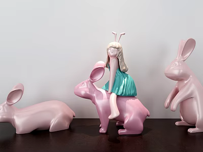 Decorative Ornament Set Of Pink Rabbit Figurines With Girl Figure For Home Decor 3d model