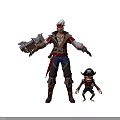 White Haired Pirate Style Character With Mechanical Arm And Small Monkey In Pirate Hat