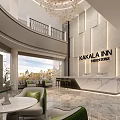 KAKALA INN Hotel Lobby with Front Desk Chandelier Marble Floor Green Chairs Elevator Vending Machines