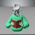 3D Green Character With White Head Reading Red Book In Dark Background
