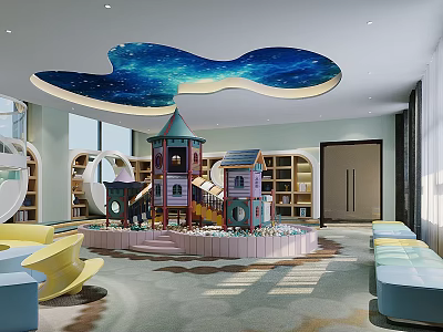 Indoor Children's Play Space With Starry Sky Ceiling Castle Slide Colorful Bookshelves And Curved Seats 3d model