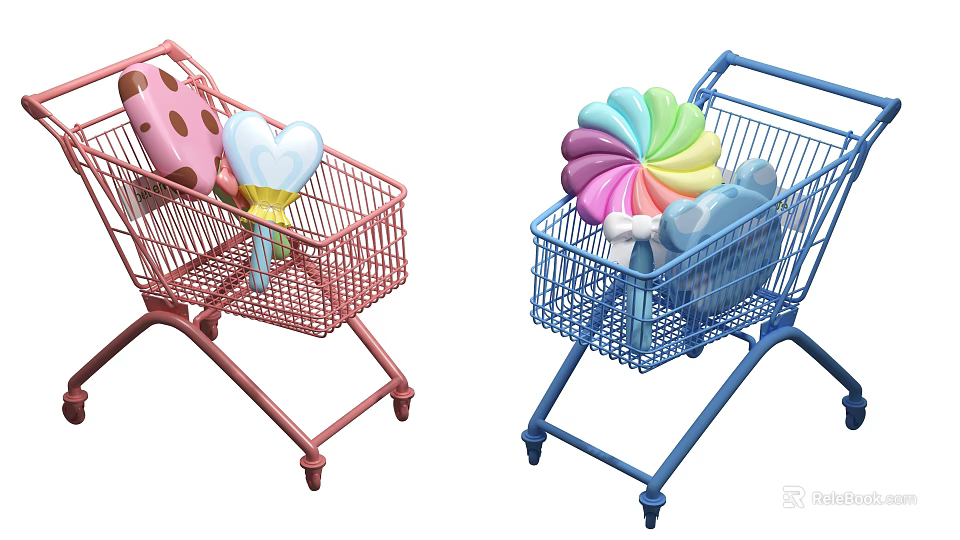 Cute Pink And Blue Shopping Carts Filled With Colorful Household Decorative Items 3d model 