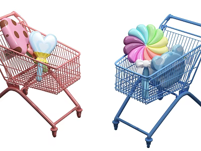 Cute Pink And Blue Shopping Carts Filled With Colorful Household Decorative Items 3d model