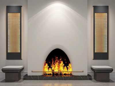Modern Fireplace with Burning Flames Decorative Panels Stone Benches and Marble Floor 3d model