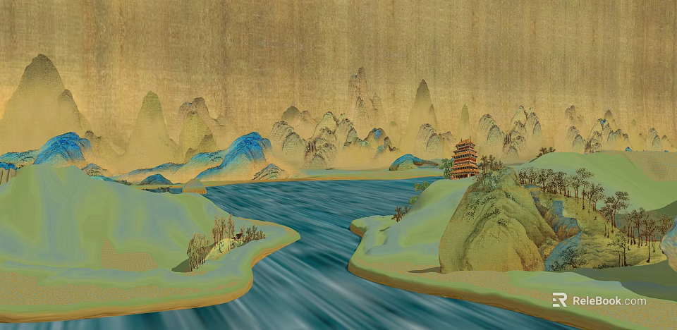 Traditional Chinese Ancient Painting Style Landscape With Green Distant Mountains River and Pavilion 3d model 