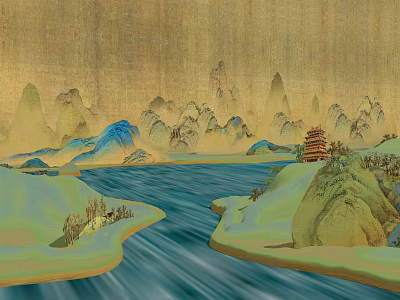 Traditional Chinese Ancient Painting Style Landscape With Green Distant Mountains River and Pavilion 3d model