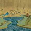 Traditional Chinese Ancient Painting Style Landscape With Green Distant Mountains River and Pavilion