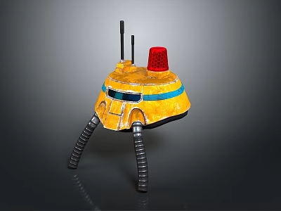 Yellow Sci Fi Robot Probe With Red Siren Light And Three Metal Legs 3d model
