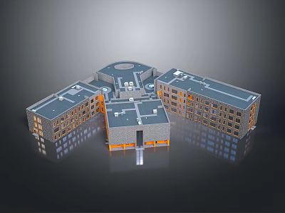 3D Architectural Building Complex Model with Grey Roof Windows and Orange Base Entrance 3d model