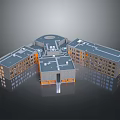 3D Architectural Building Complex Model with Grey Roof Windows and Orange Base Entrance
