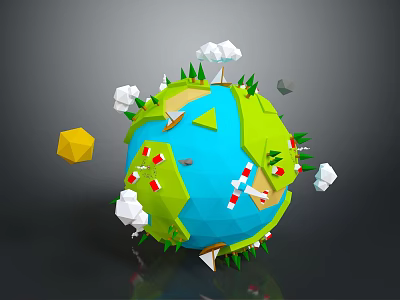 Low Poly 3D Earth Model With Green Land Blue Ocean Clouds Sun Flags And Trees 3d model