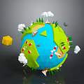 Low Poly 3D Earth Model With Green Land Blue Ocean Clouds Sun Flags And Trees 3d model