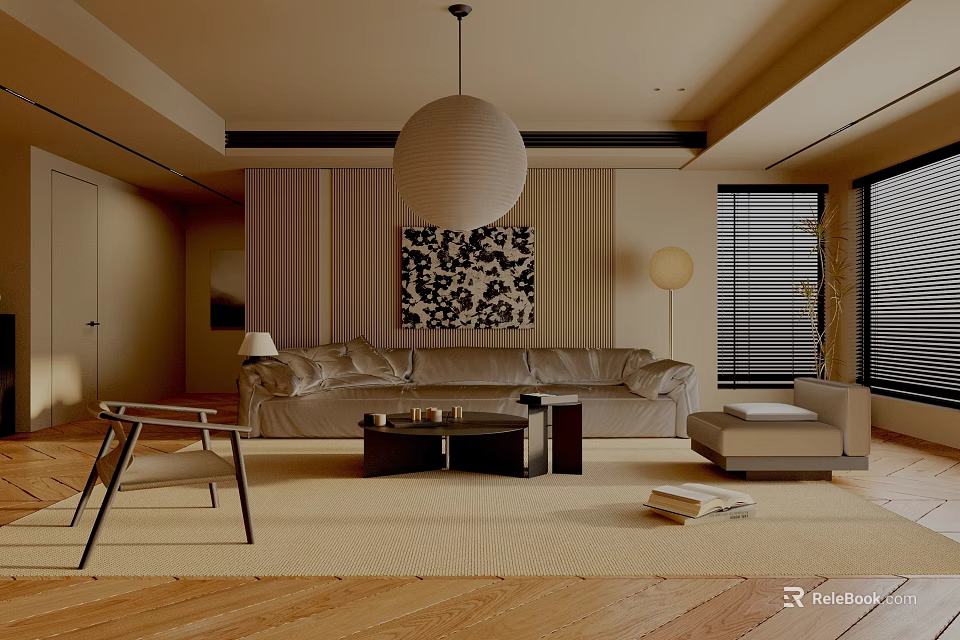 Modern Living Room Interior Design With Beige Sofa Area Rug And Pendant Light 3d model 