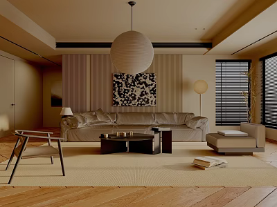 Modern Living Room Interior Design With Beige Sofa Area Rug And Pendant Light 3d model