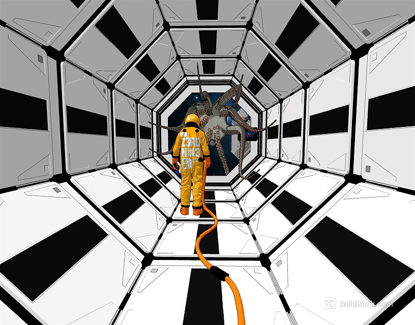Man In Yellow Astronaut Suit Standing With Orange Hose In Black And White Hexagonal Tunnel 3d model 