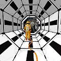 Man In Yellow Astronaut Suit Standing With Orange Hose In Black And White Hexagonal Tunnel