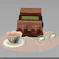 Red Leather Bag With Patterned Teacup Pink Liquid Saucer And Colorful Lens Glasses On Pink Tray