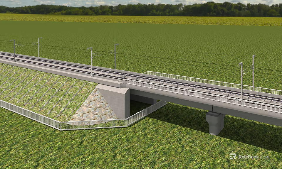 Railway Bridge Over Green Fields With Support Structure Rail Tracks And Fencing 3d model