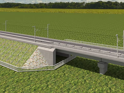 Railway Bridge Over Green Fields With Support Structure Rail Tracks And Fencing 3d model