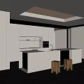 Modern Open Kitchen Interior With White Bar Counter Cabinets Skylight And Wooden Stools