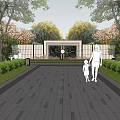 Residential Entrance Landscape With Wide Stone Pathway Greenery Trees And Walking Family