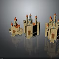 Three Fairy Tale Style Castle Buildings With Red Spires Blue Decorations And Stone Exterior