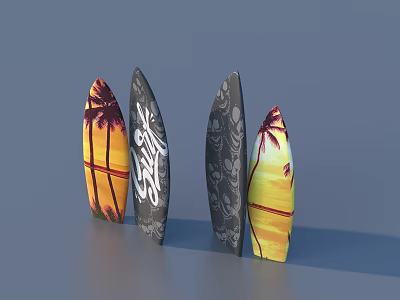 Colorful Surfboards As Household Items With Palm Tree Patterns And Text Designs 3d model