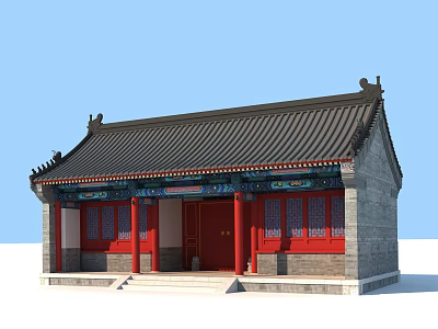 Traditional Chinese Ancient Architecture Featuring Black Roof Red Pillars Steps And Gray Walls 3d model