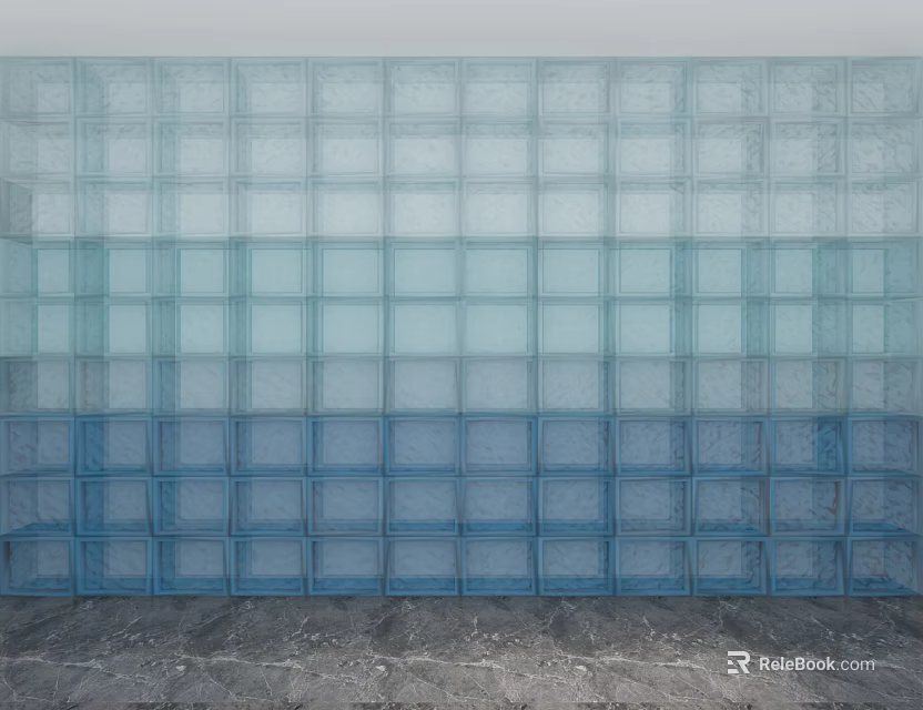 Modern Interior Blue Gradient Glass Block Wall With Layered Textured Design 3d model