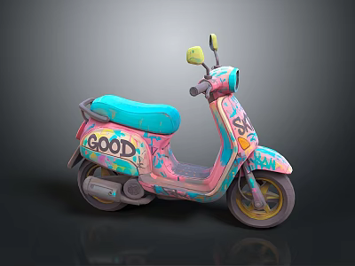 Vintage Pink Scooter With Colorful Graffiti Blue Seat And Good Lettering 3d model