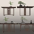 Chinese Traditional Console Table Design With Decorative Plants Vases And Tea Sets 3d model