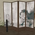 Elegant Chinese Room Divider Screen With Wooden Frame And Lotus Ink Painting