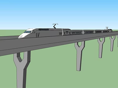 High Speed Train Moving On Elevated Viaduct Under Blue Sky With Green Ground 3d model