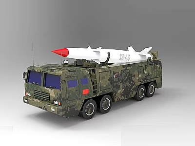 Military Camouflage Utility Vehicle Carrying White Missile With Red Tip And Multiple Wheels 3d model