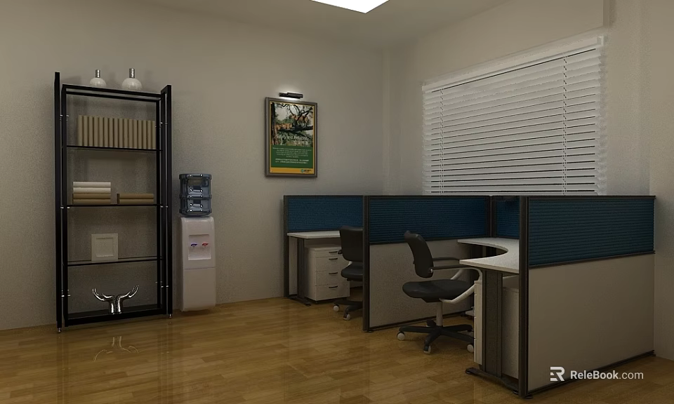 Public Office Space Interior With Cubicles Desks Ergonomic Chairs Wooden Flooring And Window Blinds 3d model 