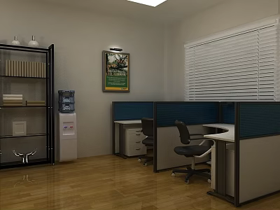 Public Office Space Interior With Cubicles Desks Ergonomic Chairs Wooden Flooring And Window Blinds 3d model