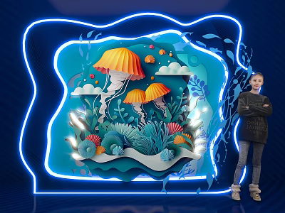 Neon Light Marine Themed Photo Spot With Jellyfish And Coral 3d model