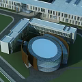 Modern Office Building Complex With Circular Glass Structure Interconnected Sections And Green Surrounding Landscape 3d model