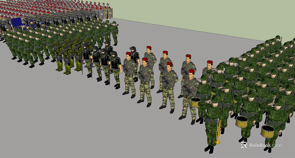 Many People in Military Uniforms with Red Berets and Green Camouflage Standing in Formation 3d model 