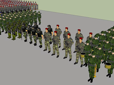 Many People in Military Uniforms with Red Berets and Green Camouflage Standing in Formation 3d model
