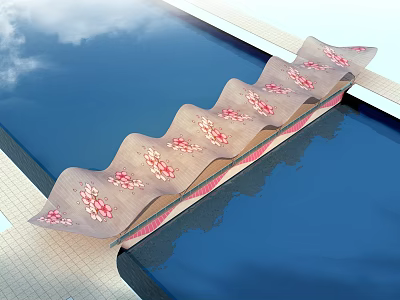 Wavy Landscape Bridge With Pink Floral Patterns Over Blue Water And Sky 3d model
