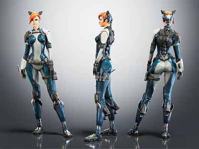 Female Cat Eared Character Design With Blue Black Mechanical Suit And Orange Hair 3d model